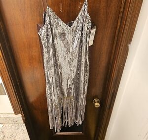 French Connection Silver Sequin Fringe Romper NWT Sz 10